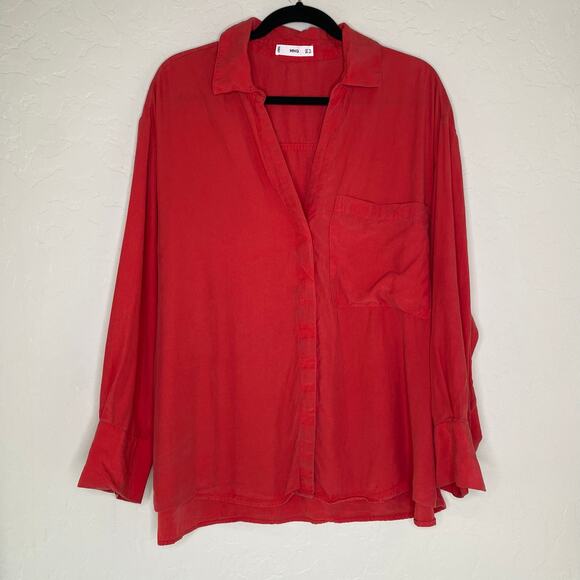 MNG by Mango Coral Red Lyocell Shirt with Hidden Buttons Button Down Blouse 18 - Picture 10 of 10